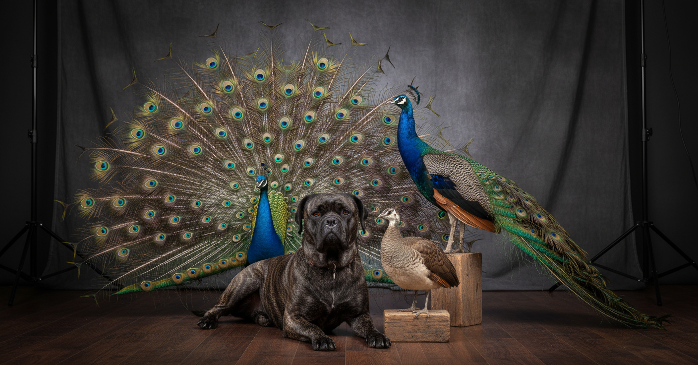 Three peacocks and the resident dog photographed on the property